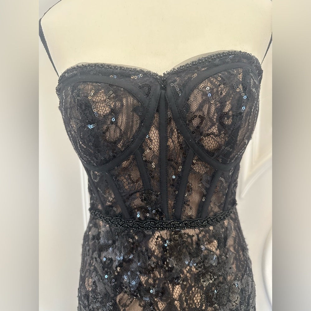 Galina Signature Black Formal Sequin Lace Mesh Strapless Corset Gown (Size 2) - Picture 4 of 16
